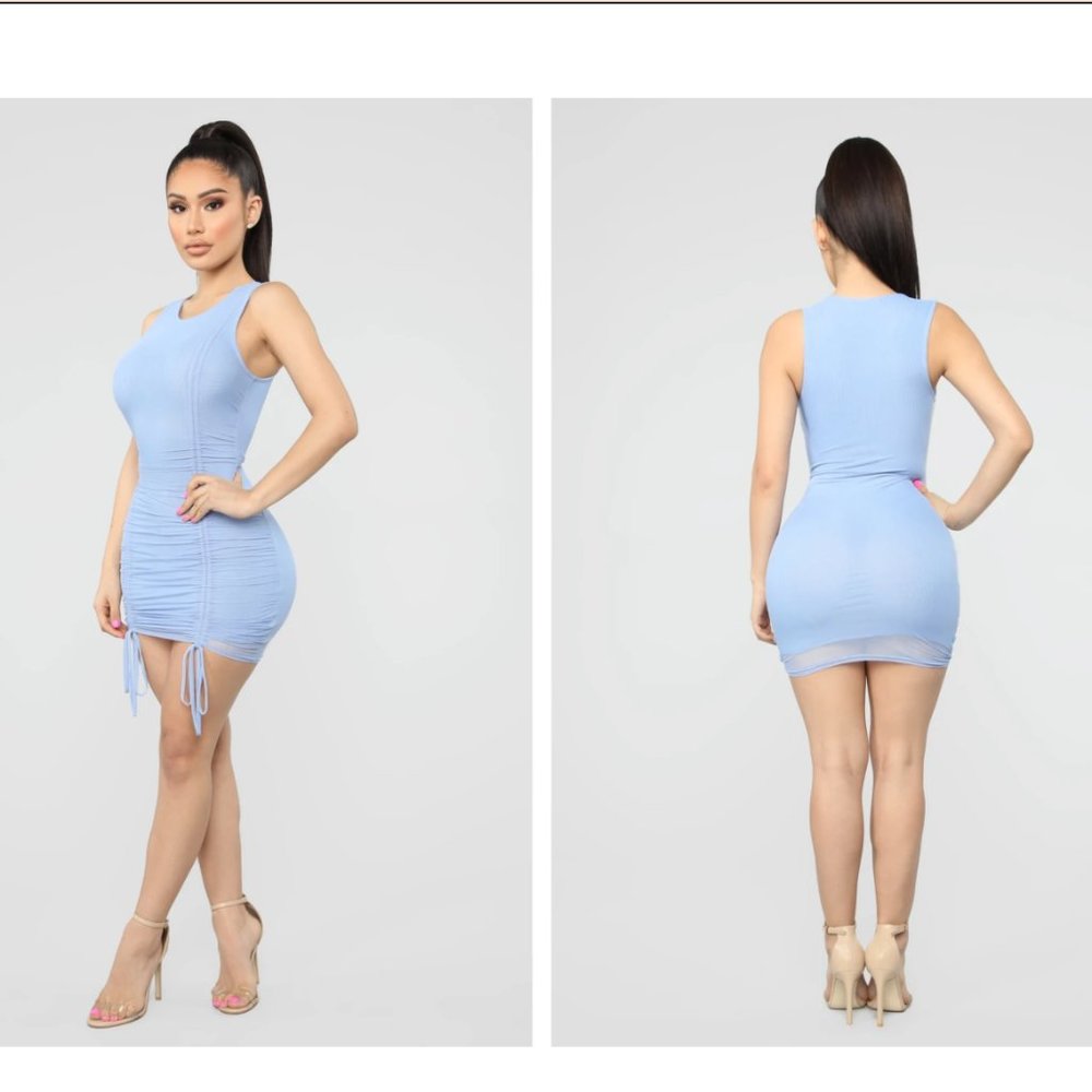 Blue Ruched Mesh Mini Dress